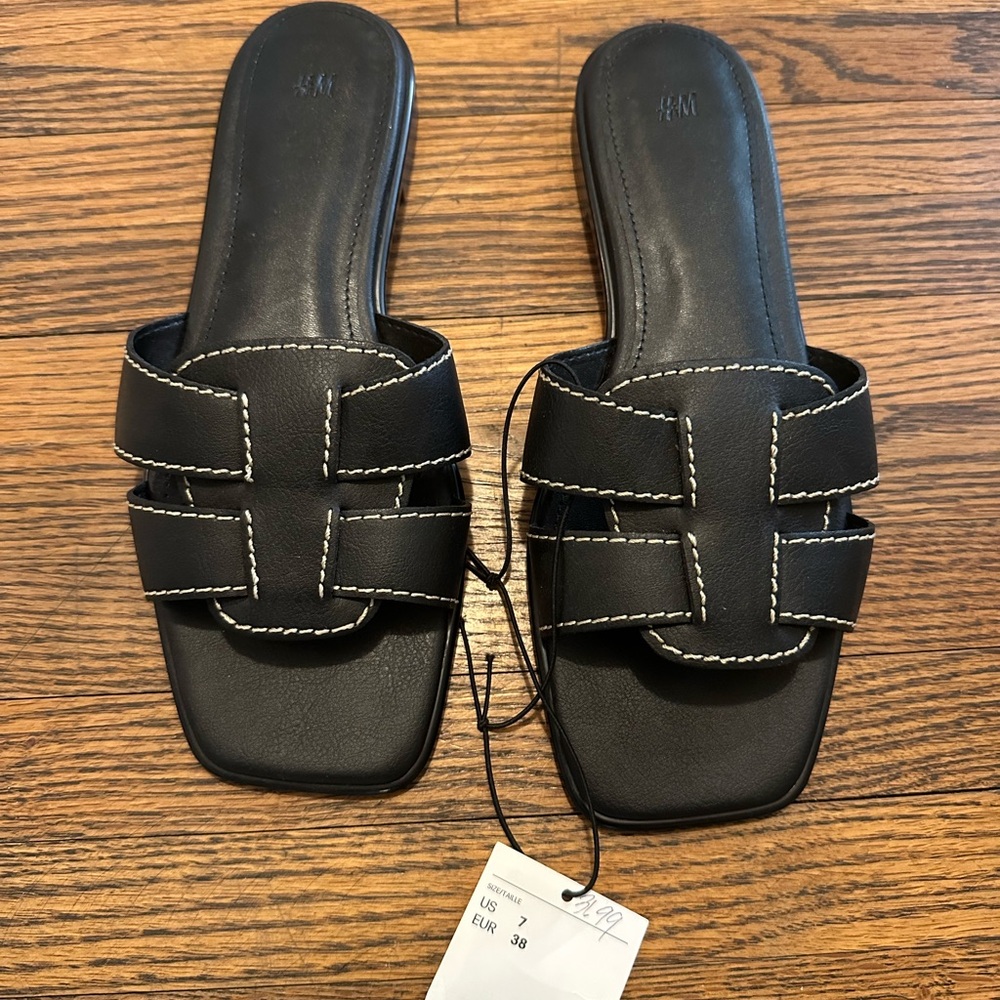 H&M Black Slide Sandals with White Stitching